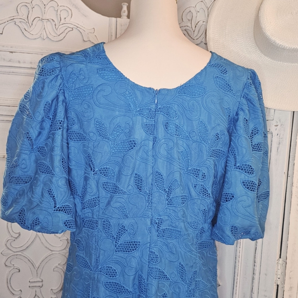 Hyacinth House Ice Blue Bubble-Sleeve Scoop Neck Eyelet Midi Dress - Picture 6 of 8
